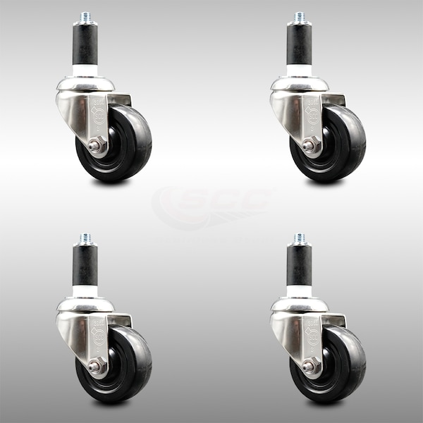 3.5 Inch 316SS Soft Rubber Wheel Swivel 1-3/8 Inch Expanding Stem Caster Set SCC